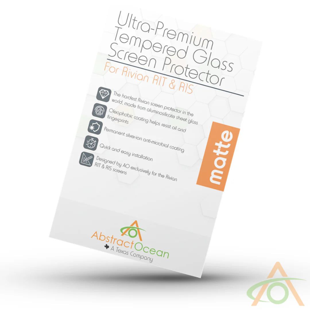 Abstract Oceans Ultra-Premium 9H Tempered Glass Screen Protectors for Rivian R1T/R1S are shatter-resistant, oleophobic, silver-ion antimicrobial coated, and precisely fitted.