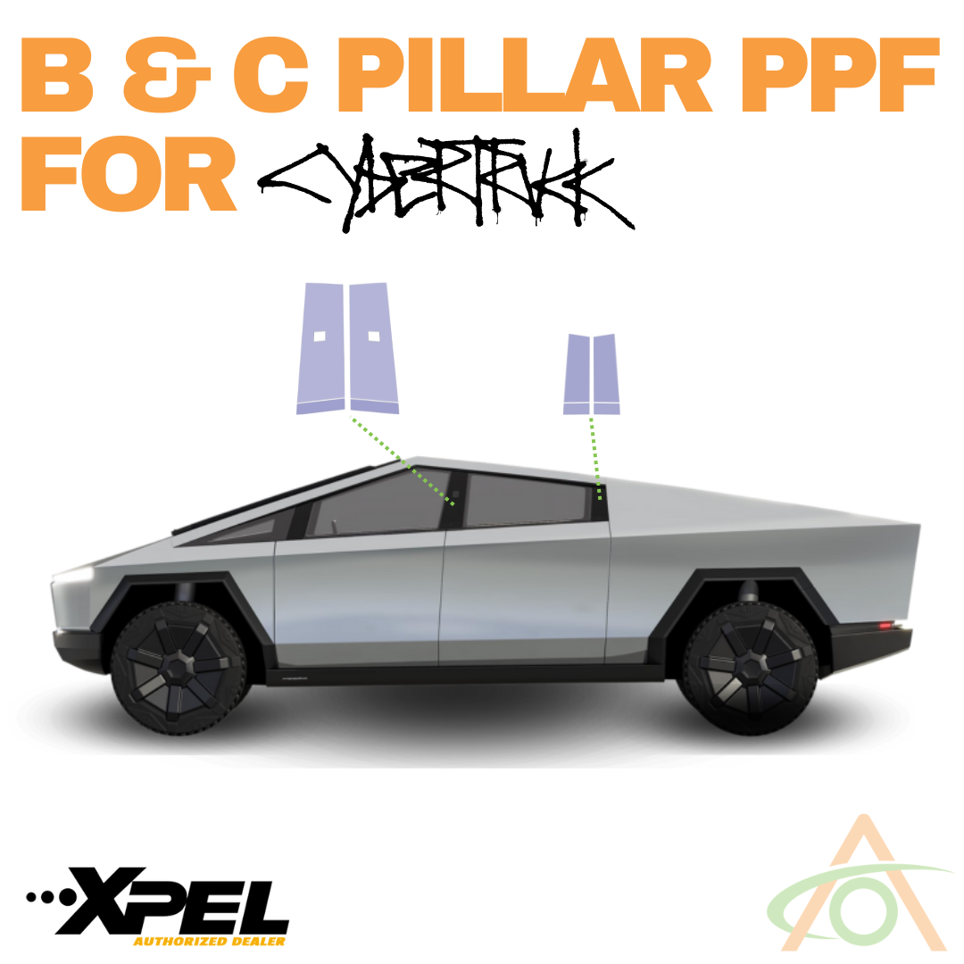 Image of a diagram featuring B & C Pillar Protection - PPF for Cybertruck from Abstract Ocean, labeled with “B & C Pillar PPF for Cybertruck,” highlighting innovative pillar protection and showcasing logos for Xpel Stealth and an authorized dealer.