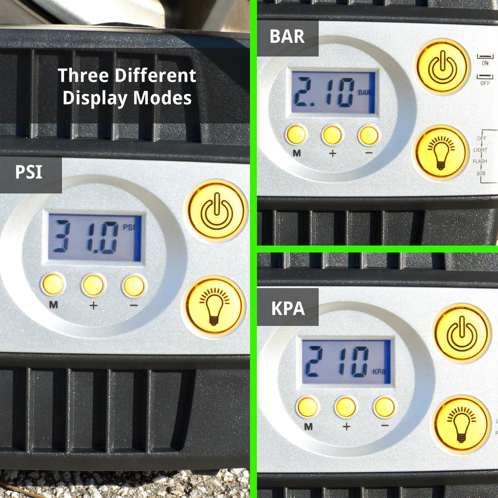 The JACO SmartPro™ 12v Digital Tire Inflator Pump, a portable compressor, features a digital gauge displaying PSI (31.0), BAR (2.10), and KPA (210). It includes power, light, and mode selection buttons for easy use and offers up to 100 PSI.