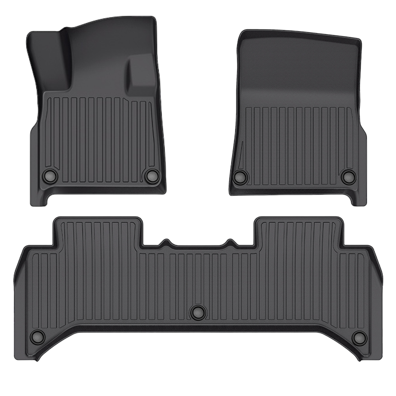 Enhance your 2025 Rivian R1Ts elegance with LinerX Floor Mats. These durable black rubber mats, crafted from thermoplastic elastomer and featuring grooved patterns, are perfect for your vehicles interior.