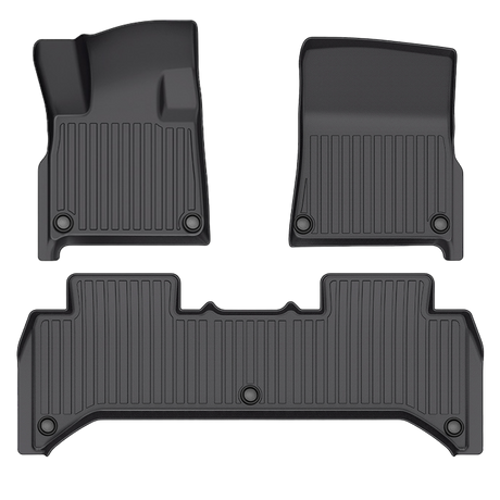 Enhance your 2025 Rivian R1Ts elegance with LinerX Floor Mats. These durable black rubber mats, crafted from thermoplastic elastomer and featuring grooved patterns, are perfect for your vehicles interior.