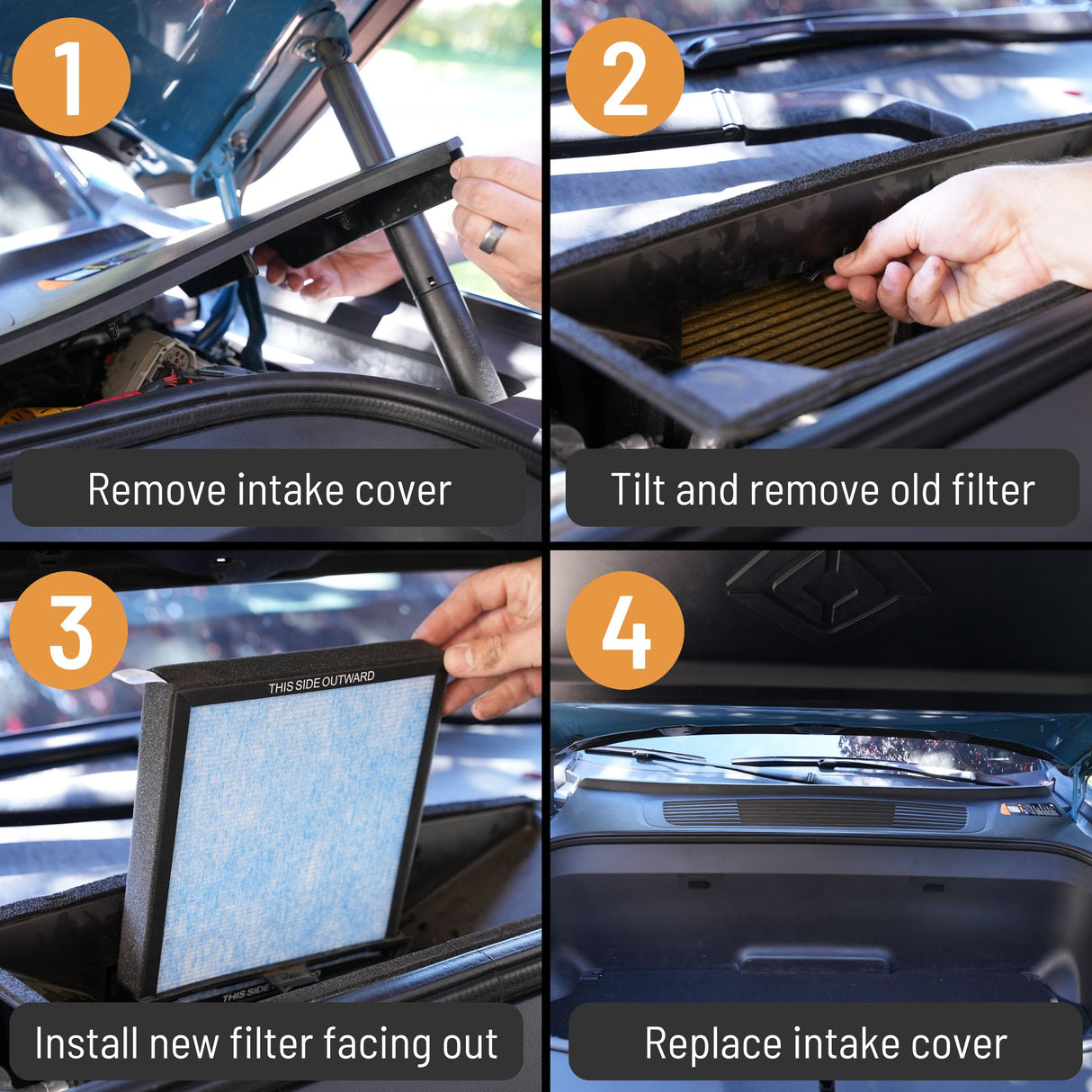 Use this guide to change your cars air filter: 1. Remove intake cover. 2. Take out the old HEPA filter. 3. Install EveryAmps new Rivian R1T & R1S HEPA+Activated Carbon Cabin Air Filter facing outwards. 4. Replace the cover for a fresh and efficient ride in your Rivian vehicle.