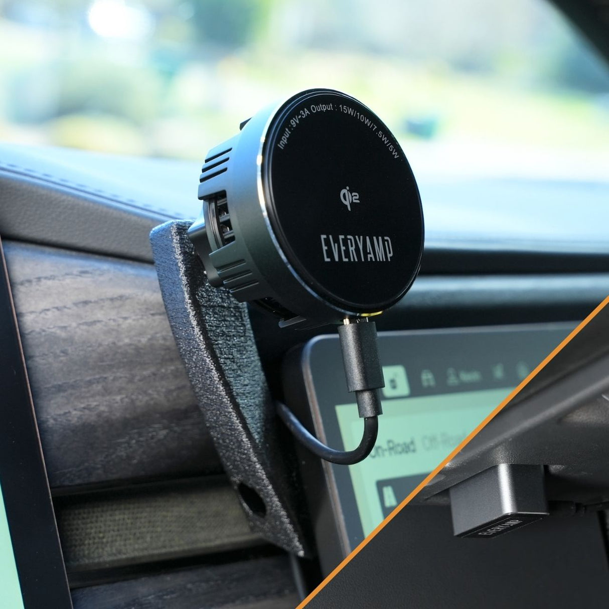 EveryAmp Qi2 charger and OBD2 power supply installed in a Rivian R1T