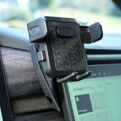 EveryAmp universal phone mount clamp installed in a Rivian R1T