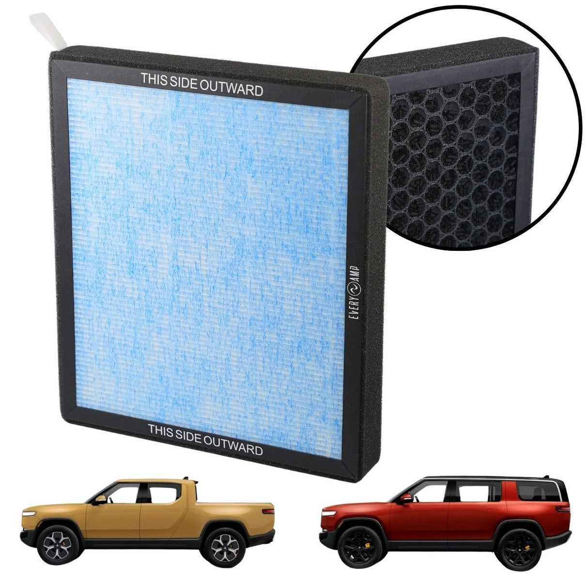 EveryAmp HEPA+Activated Carbon Cabin Air Filter for Rivian R1T & R1S shown front and back, with a THIS SIDE OUTWARD label and images of a yellow pickup and red Rivian R1T SUV below.