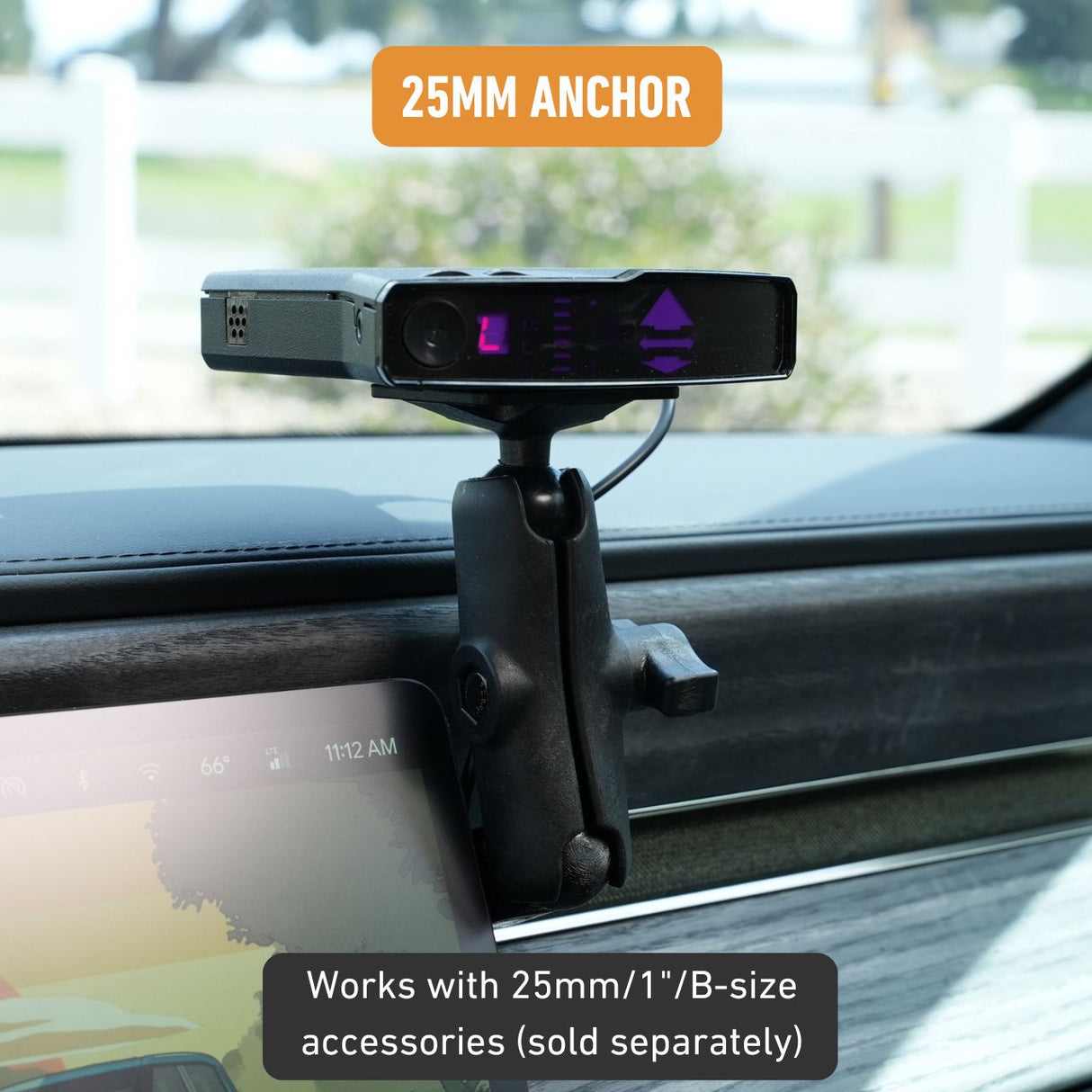 EveryAmps Phone Mount Dash Anchor for Rivian R1T & R1S includes a 25mm ball mount. Its compatible with 25mm/1”/B-size accessories (sold separately) and ideal for ball mount or MagSafe charger integration. Screen/window view is visible. Text: 25MM ANCHOR.