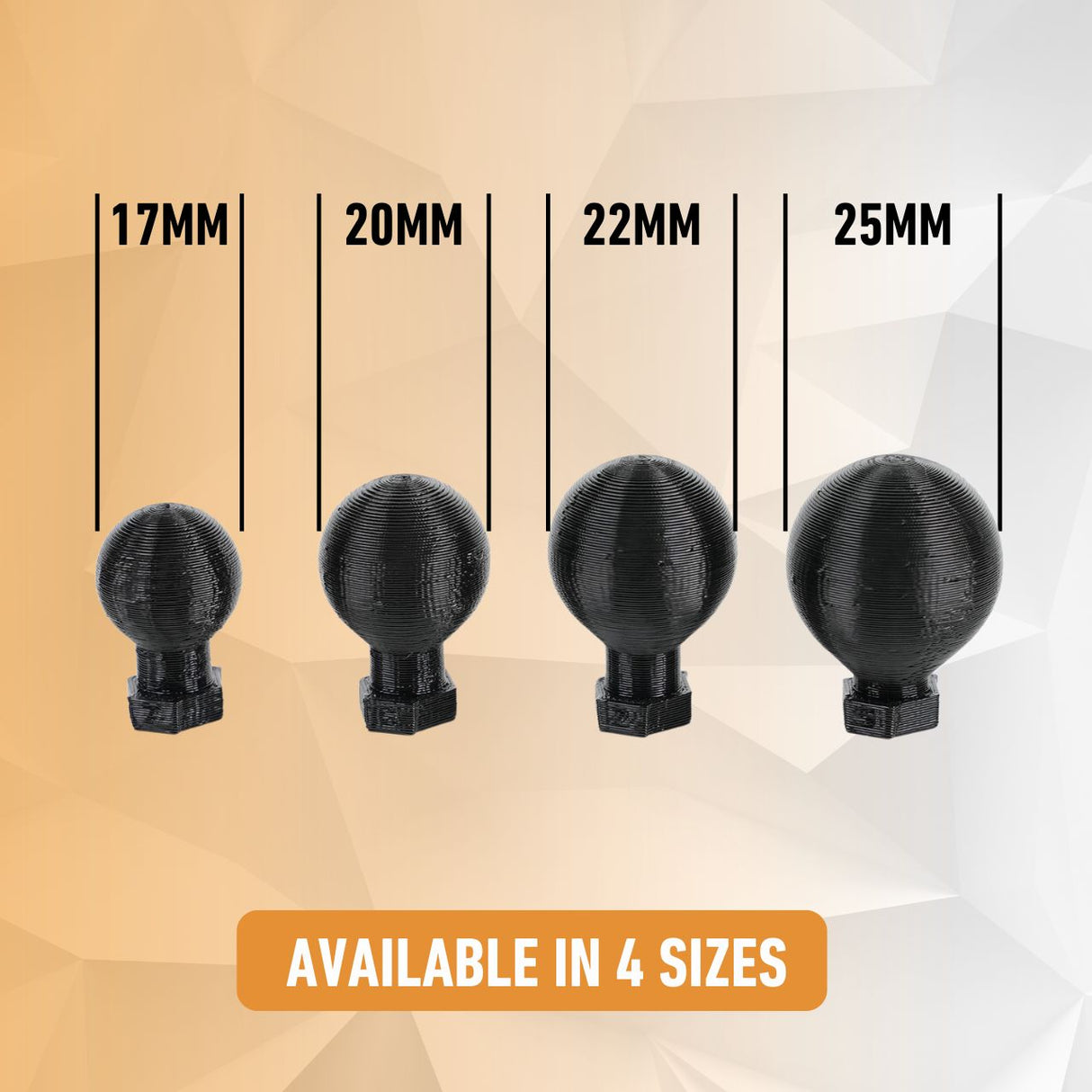 Four black EveryAmp ball mounts for the Rivian R1T & R1S are shown in sizes 17mm, 20mm, 22mm, and 25mm. The background features an orange to gray gradient with text: AVAILABLE IN 4 SIZES.