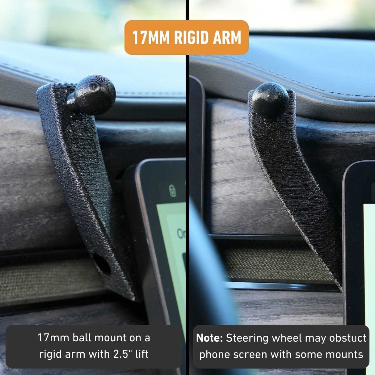 Phone mount dash anchor for Rivian R1T and R1S includes a 17mm ball mount