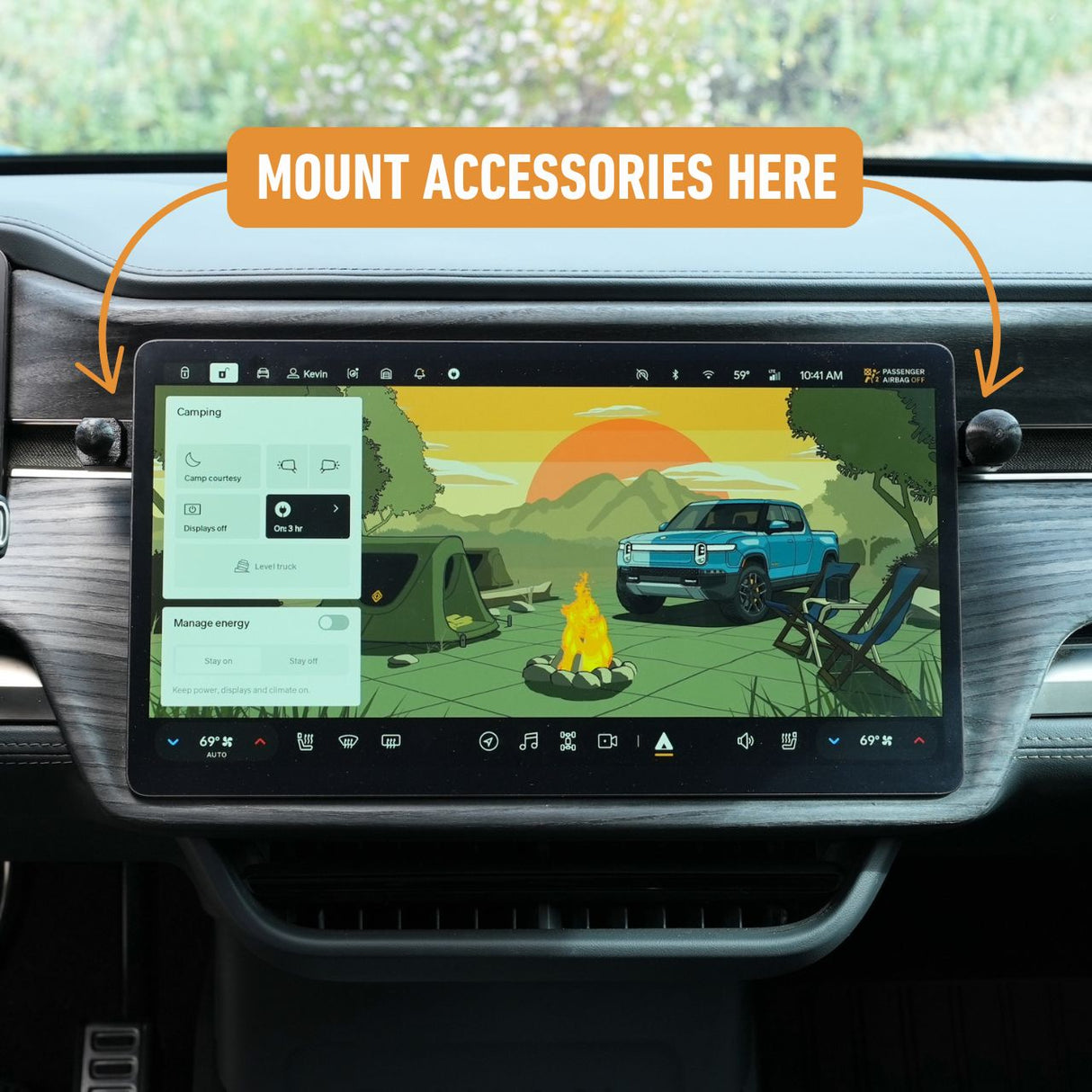 EveryAmps Phone Mount Dash Anchor for Rivian R1T and R1S features a campsite scene on the dashboard display, with tents, campfire, and a Rivian R1T under a sunset. An orange label with Mount Accessories Here directs you to perfect spots for your MagSafe charger or ball mount.