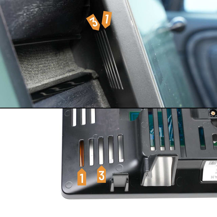 Close-up of a car interior and a back panel of an electronic device, both marked with numbered orange labels 1 and 3.