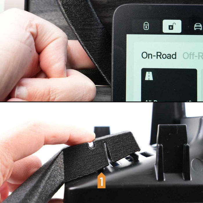 A person installs a black component around a tablet or device, demonstrating a step labeled 1 in a process.