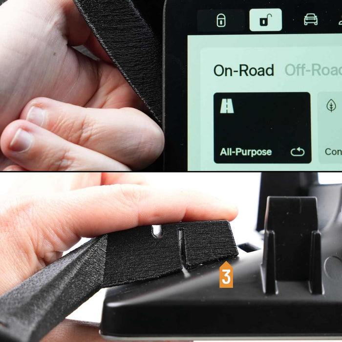 Close-up of a hand holding a black foam strip near a touchscreen displaying On-Road. Below, another hand holds the foam strip against a black plastic surface labeled with the number 3.