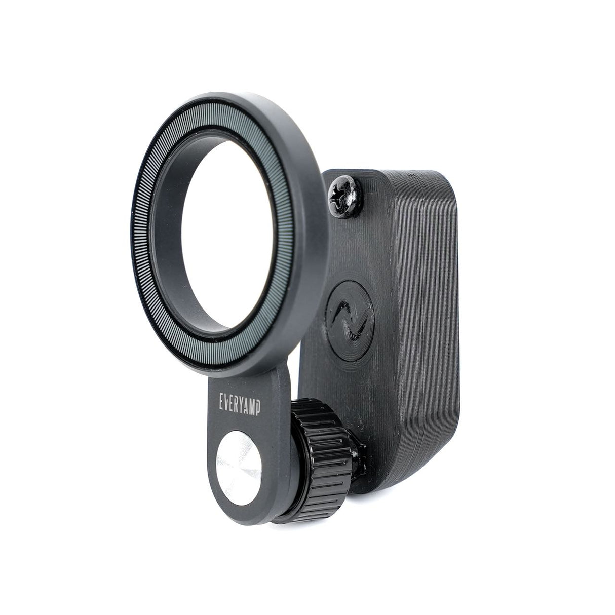 The EveryAmp Back Seat Tablet/Phone Mount Anchor for Rivian R1T and R1S is a black plastic and metal device with a circular ring, knob, and rectangular bracket—ideal for mounting accessories on your vehicle’s seat back.