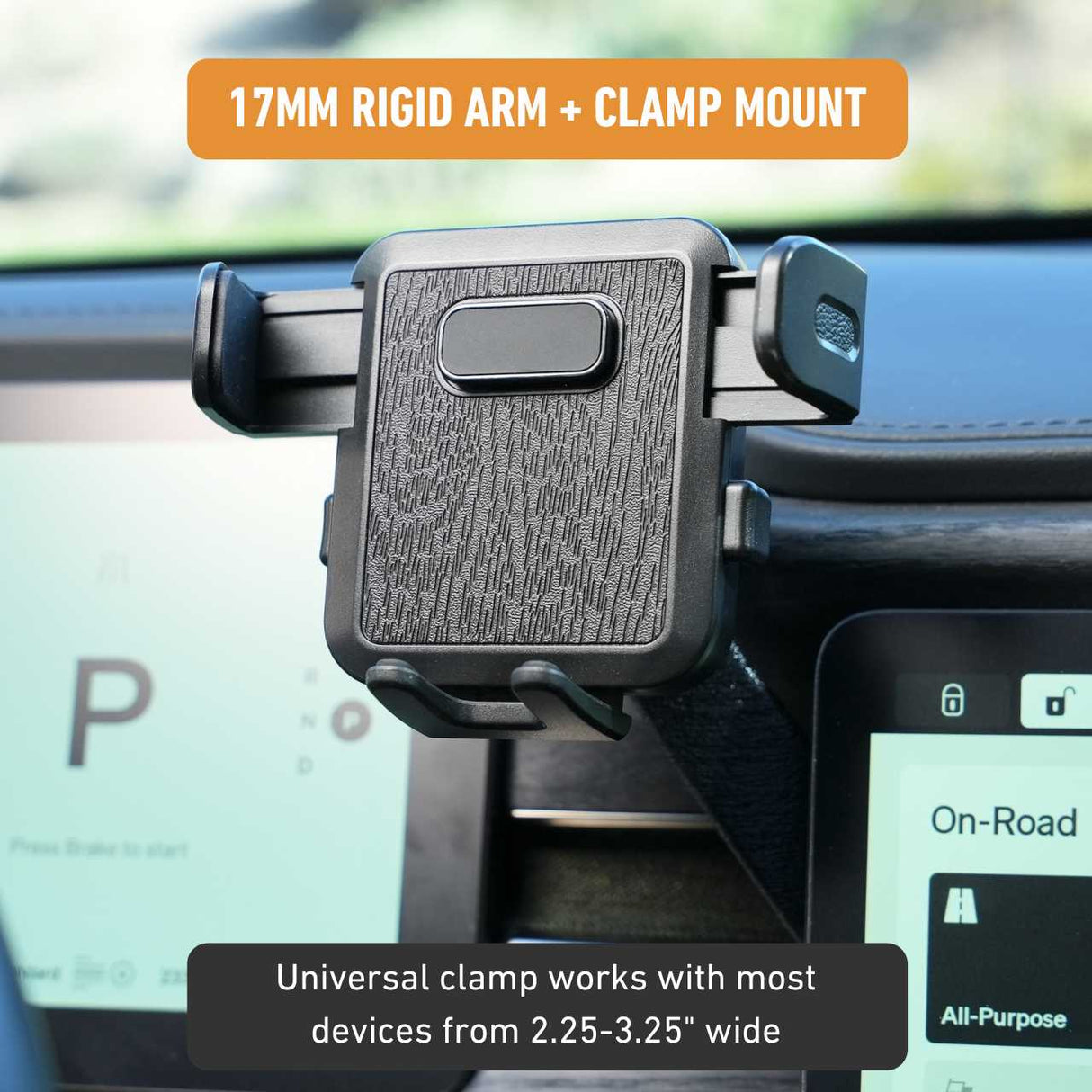 The EveryAmp Phone Mount Dash Anchor for Rivian R1T & R1S features a 17mm rigid arm and ball mount that attaches to car dashboards. Its textured clamp holds devices 2.25-3.25 inches wide, ideal for integrating your MagSafe charger seamlessly into your drive.