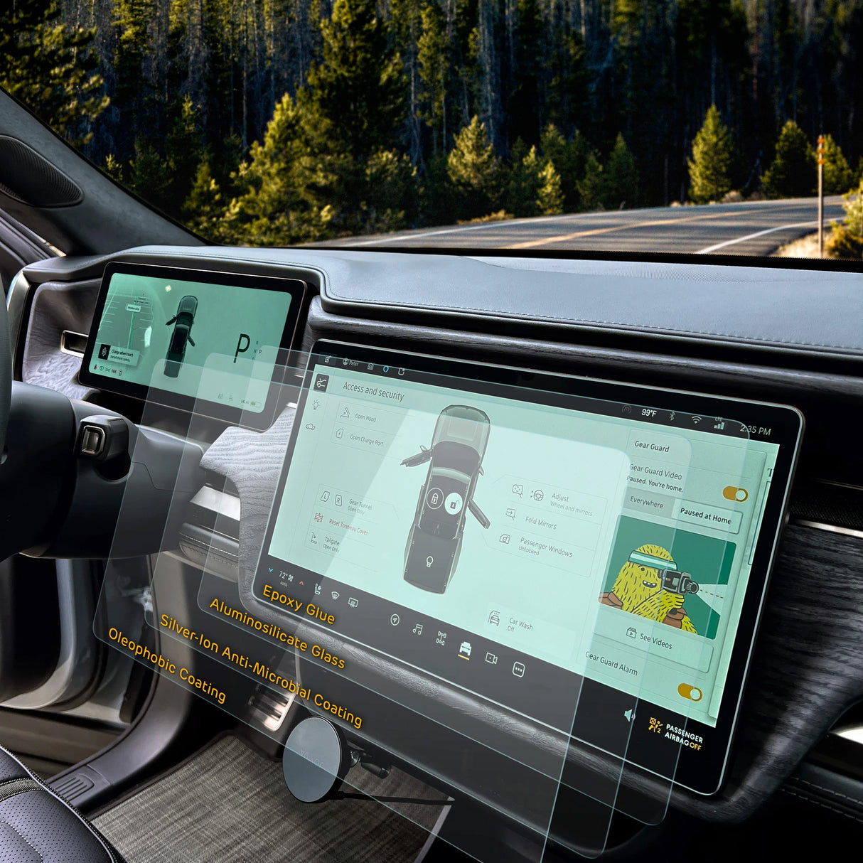 Inside the car, the dashboard boasts an Abstract Ocean Ultra-Premium Tempered Glass (9H) Screen Protector with a holographic overlay, silver-ion antimicrobial coating, oleophobic surface, and elements like epoxy glue and aluminosilicate glass.