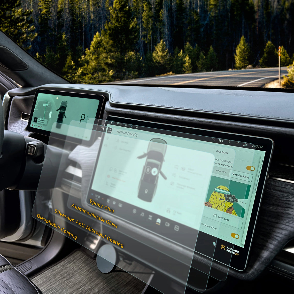 The car dashboard displays a navigation screen against the wooded road. It features sleek materials like epoxy glue and aluminosilicate glass, enhanced by a silver-ion coating, similar to Abstract Oceans Ultra-Premium Tempered Glass (9H) Screen Protectors for Rivian R1T/R1S.