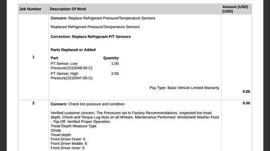 Technical service document detailing replacement of refrigerant pressure/temperature sensors, with specific part numbers, quantities, and a customer inspection report on tire and oil conditions.