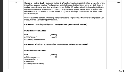 A repair record showing corrections for AC concerns like refrigerant leaks, with specific parts replaced or added, including a supermanifold and AC line assembly.