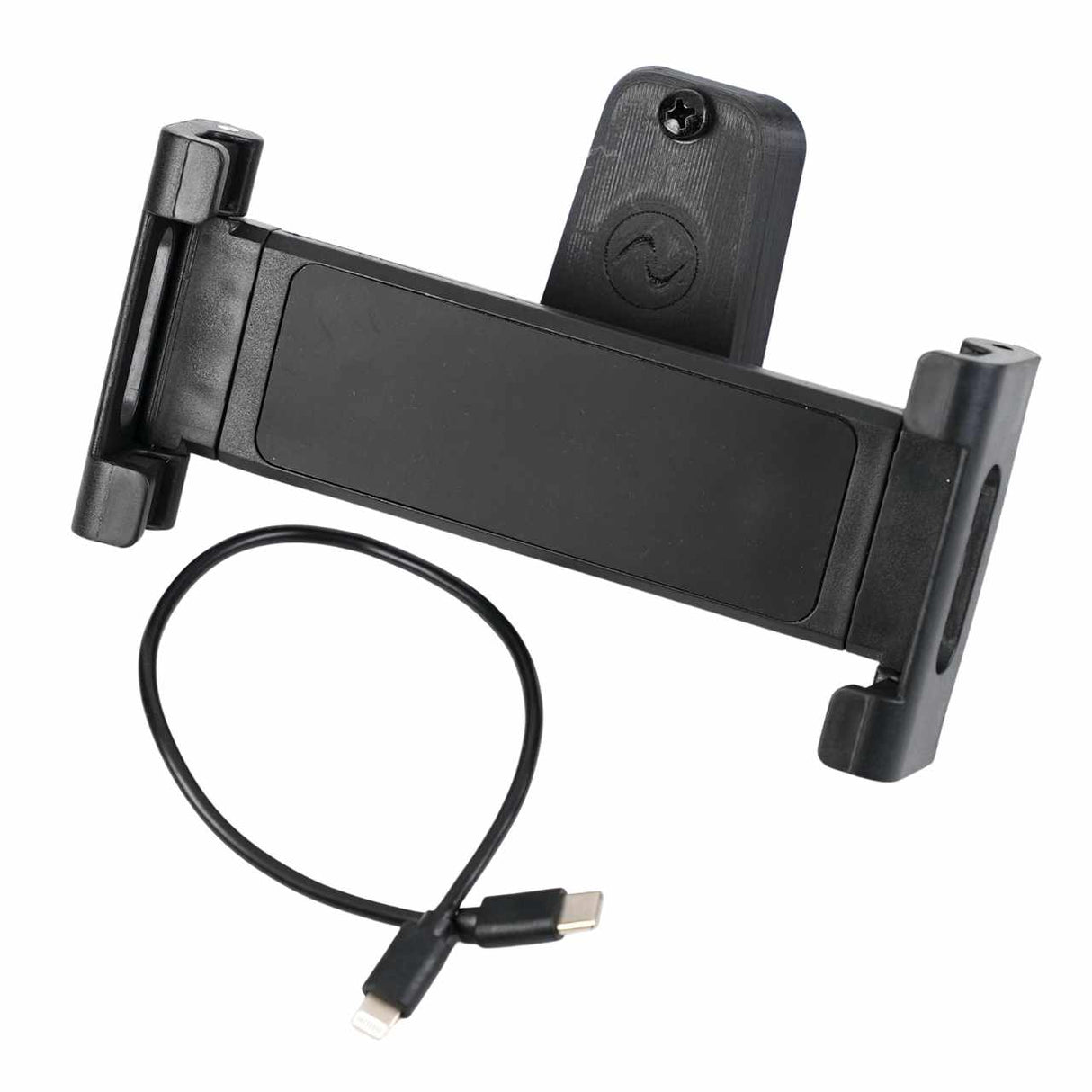 EveryAmp Back Seat Tablet/Phone Mount Anchor for Rivian R1T and R1S includes a black adjustable holder with 3D-printed ball mount, mounting bracket, and short USB Lightning charging cable—ideal as a seat back accessory.