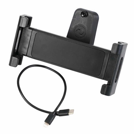 EveryAmp Back Seat Tablet/Phone Mount Anchor for Rivian R1T and R1S includes a black adjustable holder with 3D-printed ball mount, mounting bracket, and short USB Lightning charging cable—ideal as a seat back accessory.