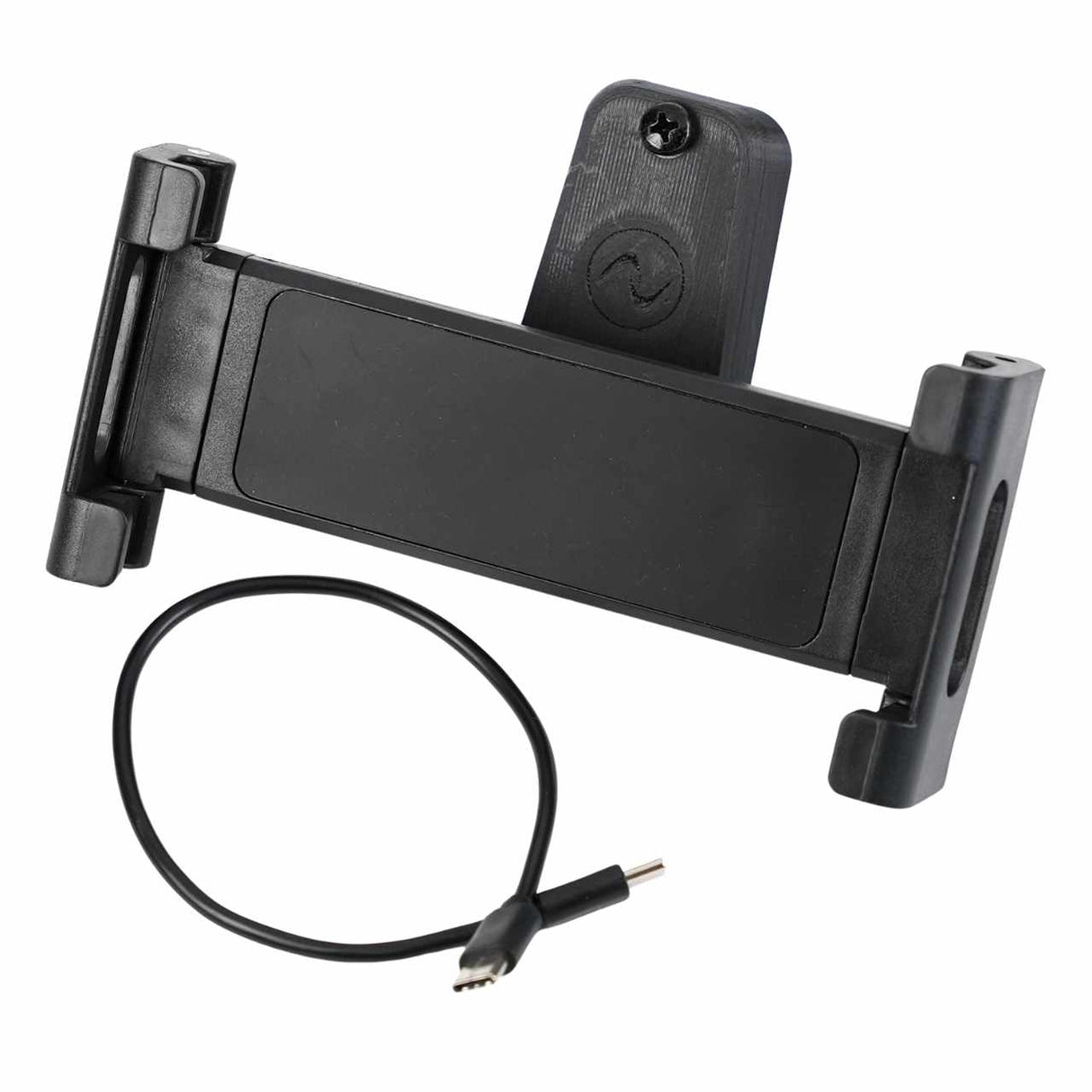 The EveryAmp Back Seat Tablet/Phone Mount Anchor for Rivian R1T and R1S includes a mounting bracket and USB charging cable, offering adjustable support for phones or tablets—ideal for convenient in-car use.