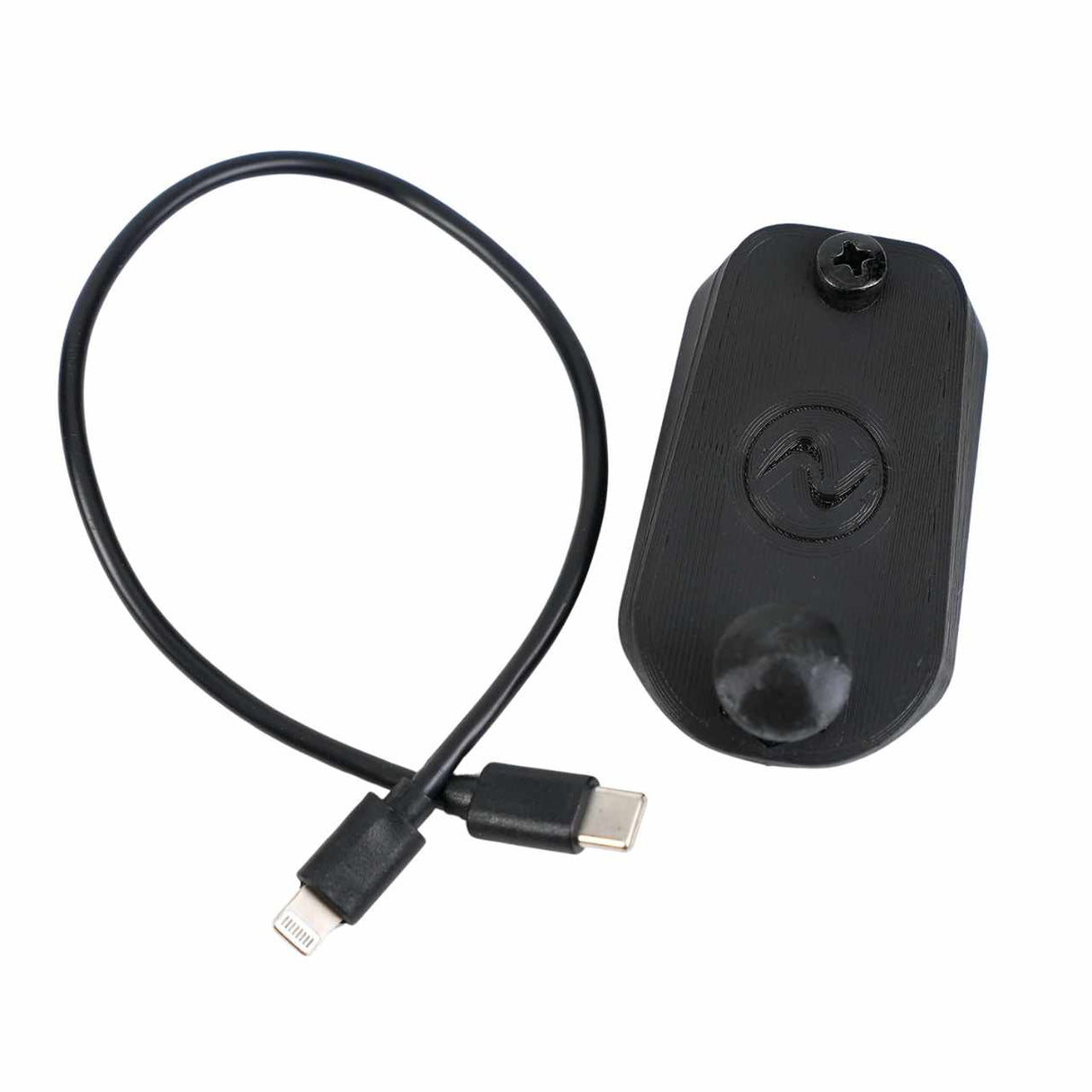 EveryAmp Back Seat Tablet/Phone Mount Anchor for Rivian R1T and R1S—a black device with a circular symbol, screw, and short USB-C/Lightning cable, perfect for 3D-printed ball mounts or other seat back accessories.