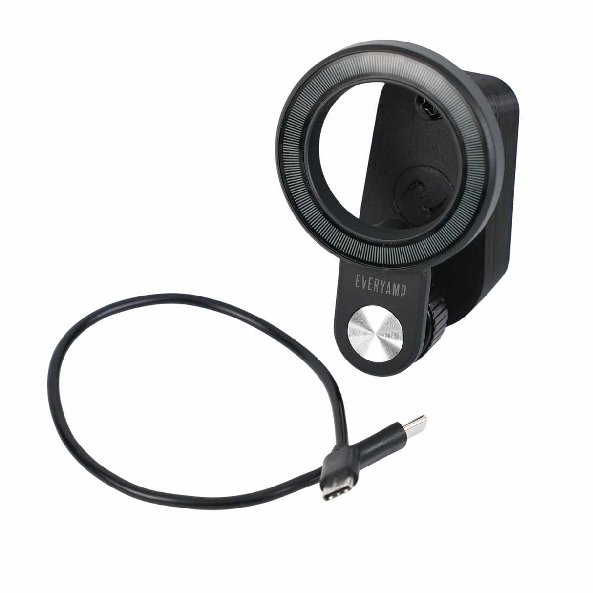 EveryAmps black Back Seat Tablet/Phone Mount Anchor for Rivian R1T and R1S, featuring a circular opening, sits beside its USB-C cable—an essential accessory for adding secure seat back mounting in your vehicle.