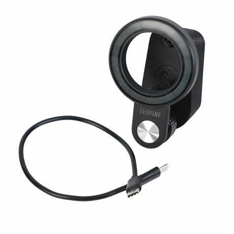 EveryAmps black Back Seat Tablet/Phone Mount Anchor for Rivian R1T and R1S, featuring a circular opening, sits beside its USB-C cable—an essential accessory for adding secure seat back mounting in your vehicle.