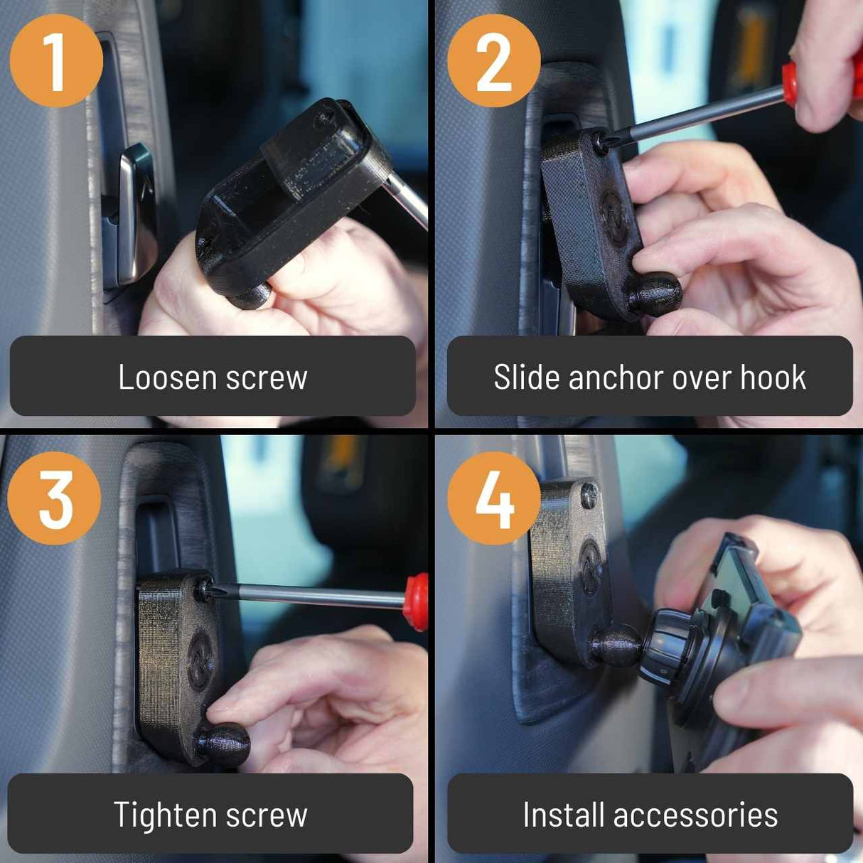 Four-step install: Loosen screw, slide EveryAmp Back Seat Tablet/Phone Mount Anchor for Rivian R1T/R1S over hook, tighten screw, and attach accessories or seat back mount to your car seat hook.