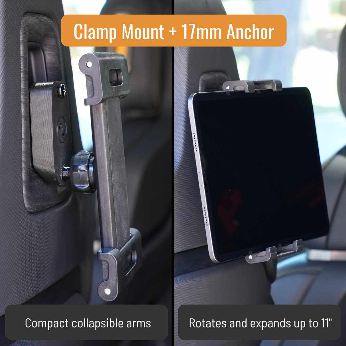 The EveryAmp Back Seat Tablet/Phone Mount Anchor for Rivian R1T and R1S features a 17mm clamp that attaches to your cars headrest, with collapsible arms rotating and expanding up to 11—ideal as a Rivian R1T/R1S accessory.