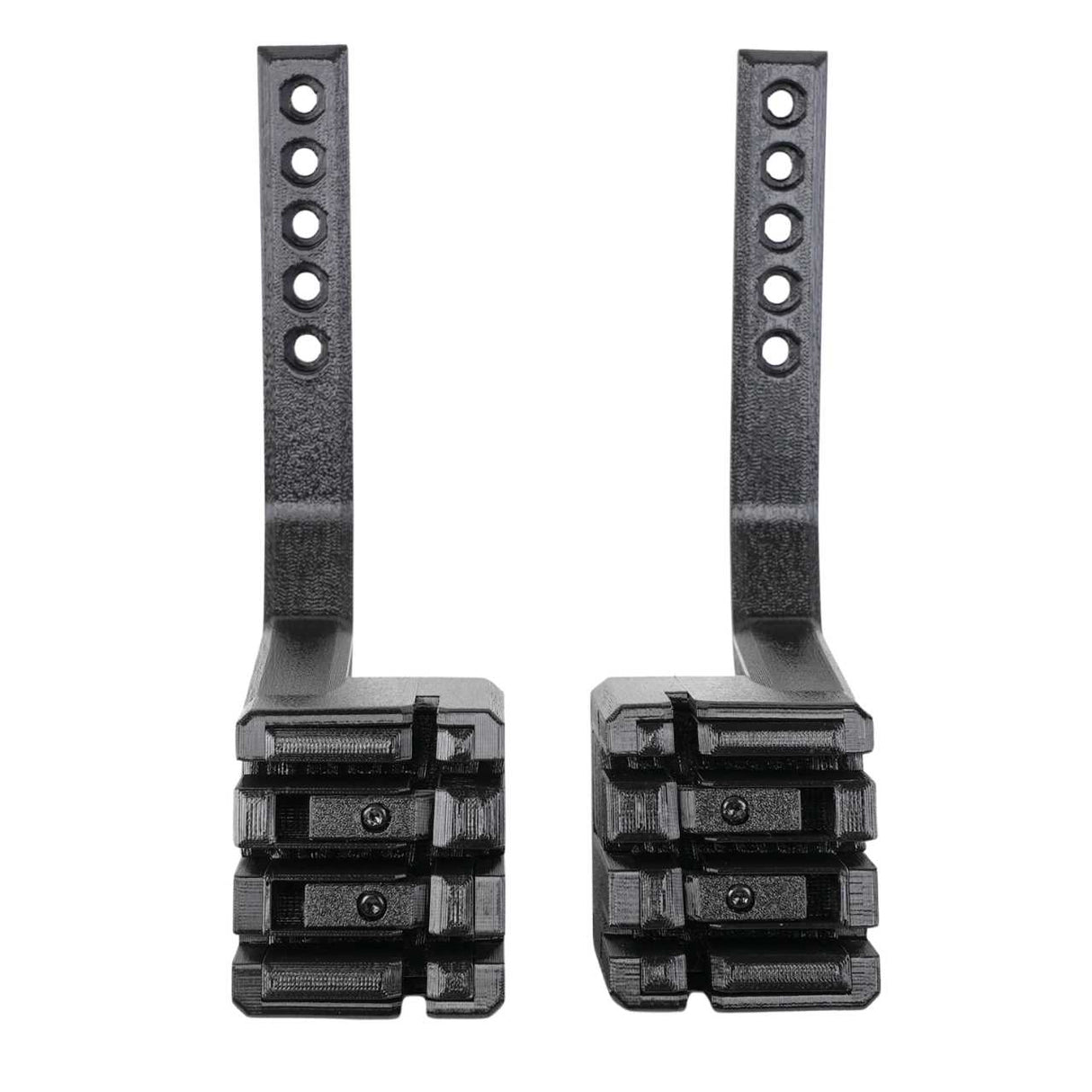 Two black plastic EveryAmp SnapPlate+ Base brackets for Tesla Model 3 Performance (2026+), upright side by side on a white background, feature multiple holes and ridged bases for bumper camera compatibility.