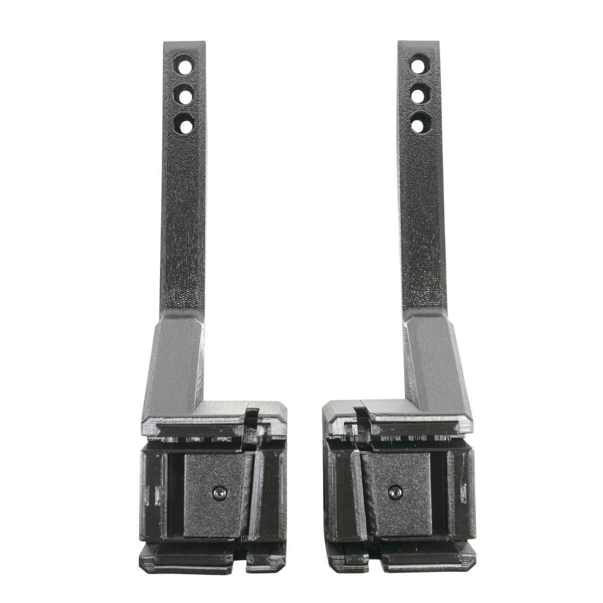 Two identical EveryAmp SnapPlate+ Base - Tesla Model Y Standard (2026+) black metal brackets, each with three adjustment holes and rectangular bases, stand upright side by side—perfect for Model Y installs or bumper camera mounting.