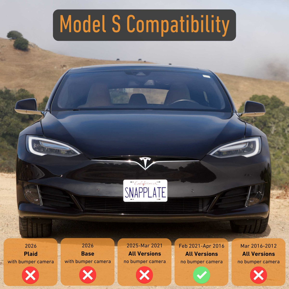Front view of a black sedan with a Tesla Model S SnapPlate Front License Plate Holder, showing a compatibility chart for Feb 2021-Apr 2016 models.
