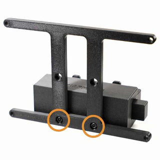 Black metal bracket with three vertical supports and two horizontal bars. Base attached behind the structure. Two circled screws are visible on the lower bar.