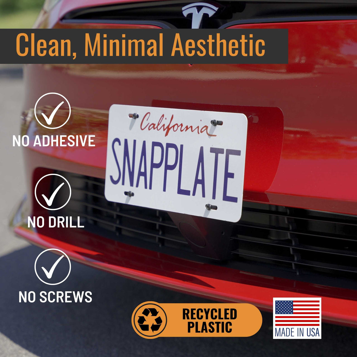 SnapPlate front license plate holders for the 2025-Mar 2021 Tesla Model S have a clean, minimal aesthetic
