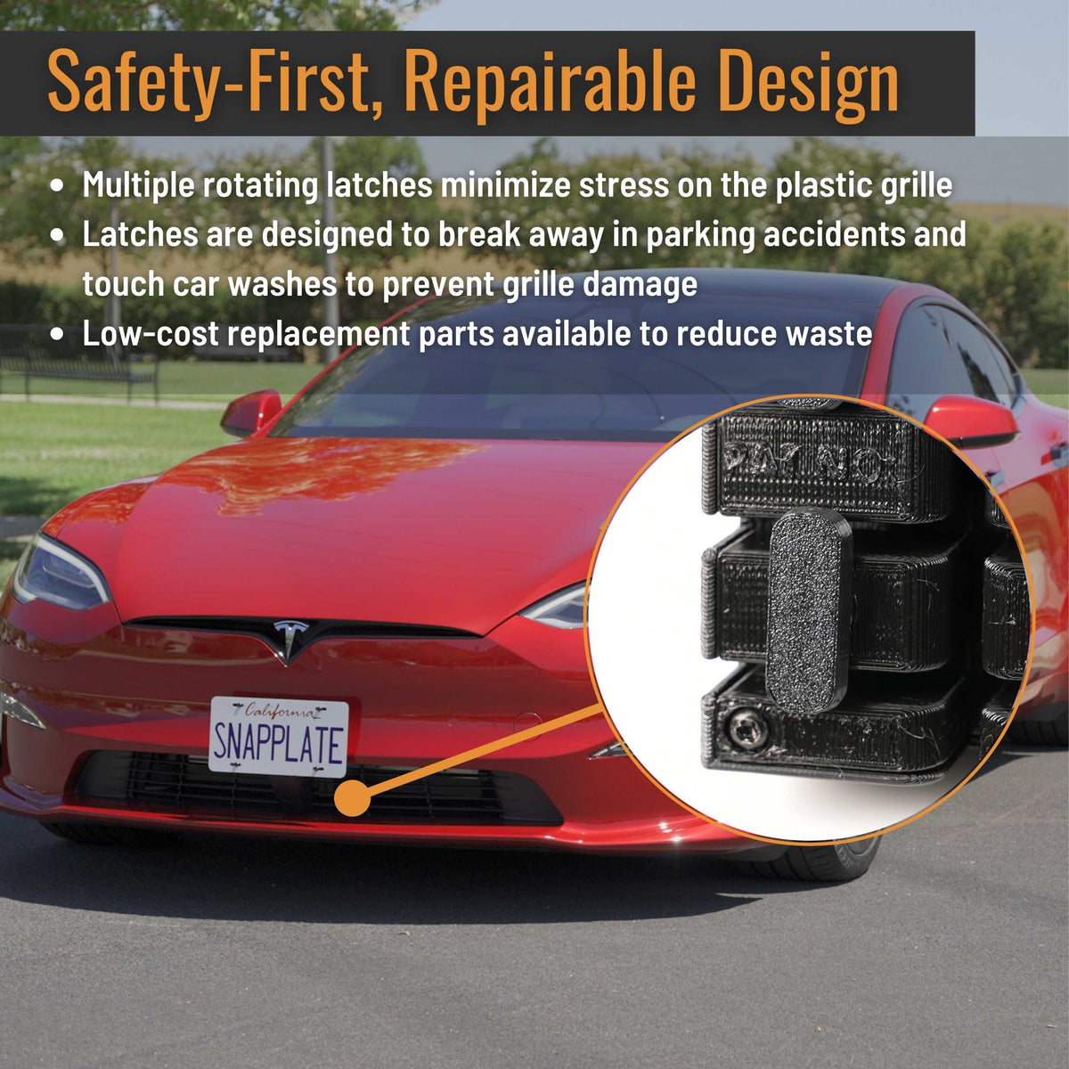 SnapPlate front license plate holders for the 2025-Mar 2021 Tesla Model S have a safety optimized, repairable design