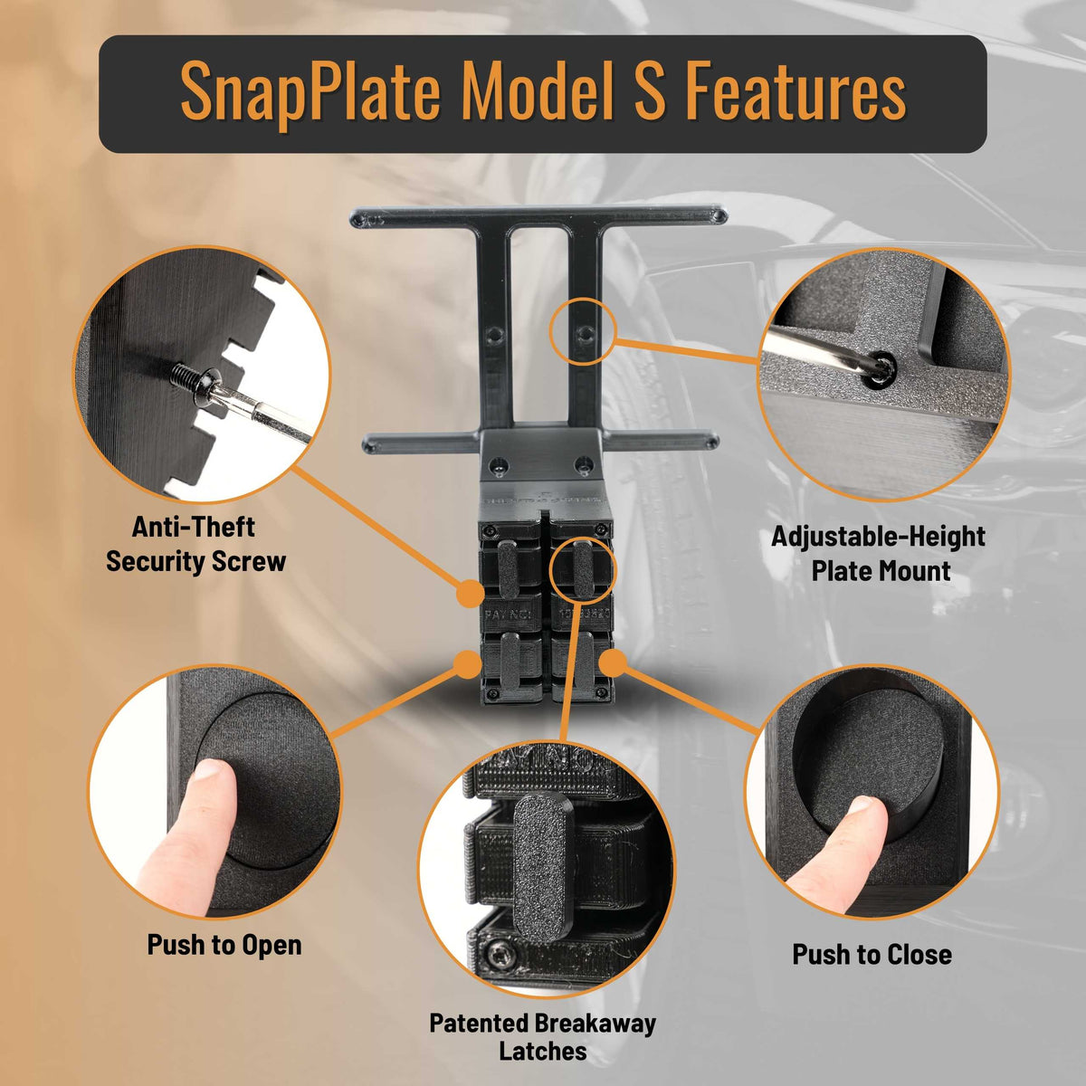SnapPlate front license plate mounts for the 2025-Mar 2021 Tesla Model S feature a simple pushbutton design with adjustable plate height, breakaway features, and an optional security screw