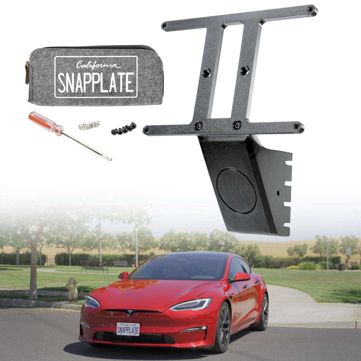 SnapPlate front license plate mount kits for the 2025-Mar 2021 Tesla Model S include a hardware kit with four black and four silver T25 torx security screws and a T25 screwdriver