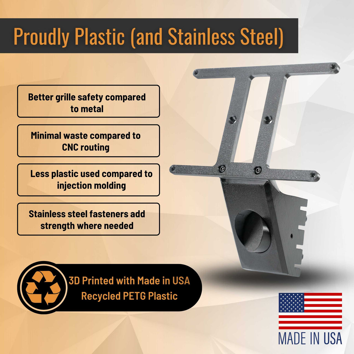 SnapPlate for the 2025-Mar 2021 Tesla Model S is made from 3D printed recycled plastic with stainless steel fasteners because it is safer, stronger, and less wasteful than other methods
