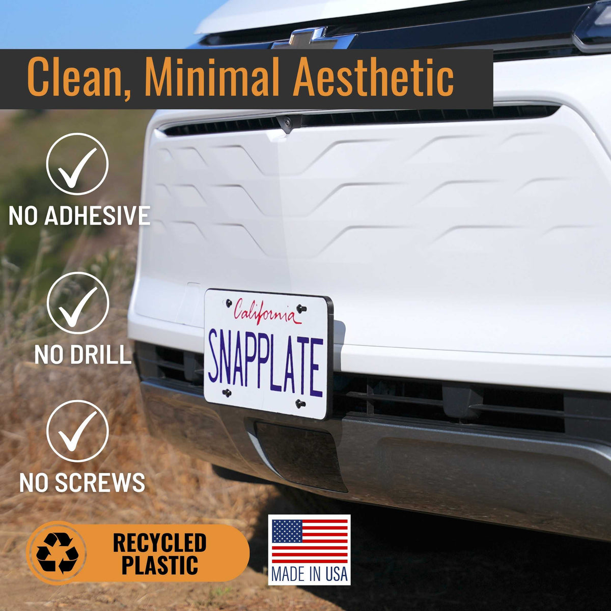 SnapPlate for 2027-2024 Blazer EV RS and LT has a clean minimal aesthetic and installs with no screws, drills, or adhesives