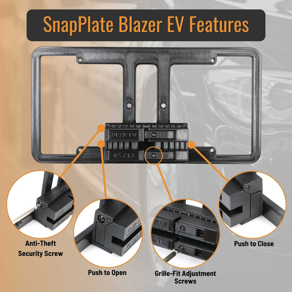 SnapPlate for 2027-2024 Blazer EV RS and LT features anti theft security screw, push to open and close buttons, and grille fit adjustment