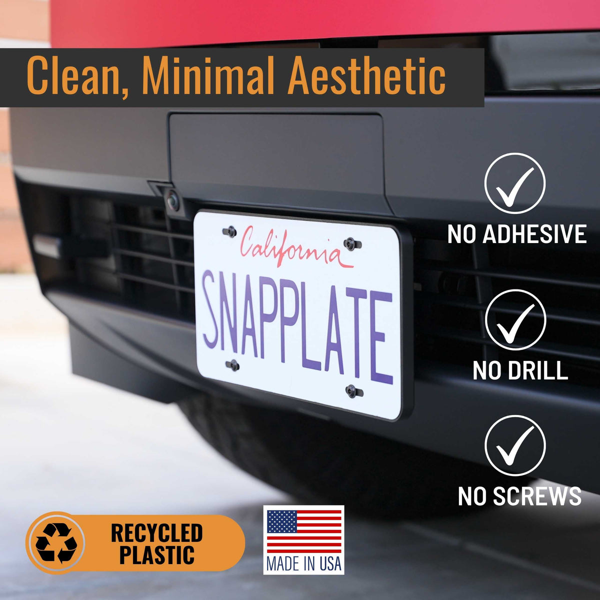 SnapPlate Plus front license plate holder for the 2027-2023 Cybertruck has a clean, minimal aesthetic and requires no screws, drill, or adhesives to install