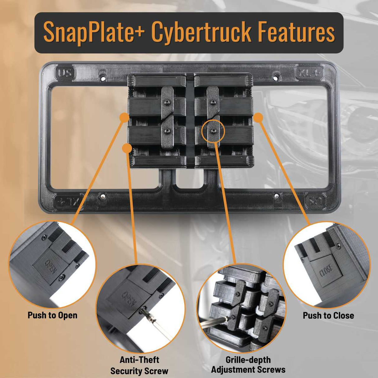 SnapPlate Plus front license plate holder for the 2023+ Cybertruck showing the open and closed buttons, grille-depth adjustment screws, and the anti-theft security screw