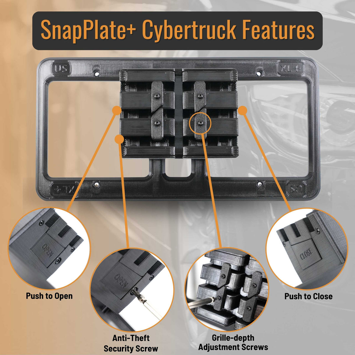 SnapPlate Plus front license plate holder for the 2027-2023 Cybertruck showing the open and closed buttons, grille-depth adjustment screws, and the anti-theft security screw