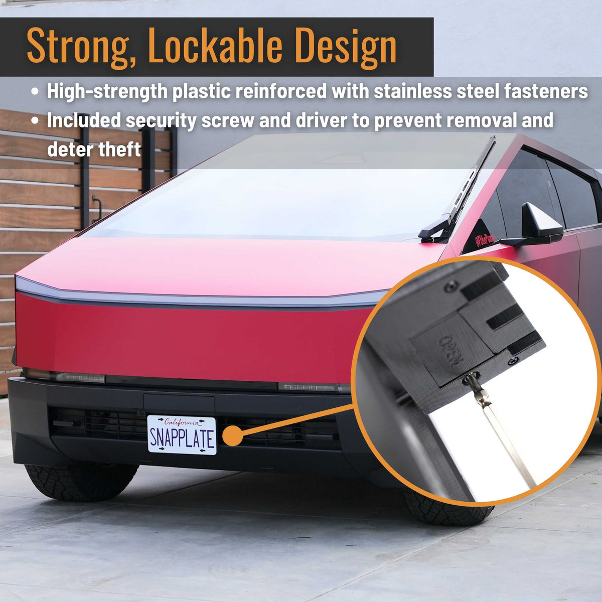SnapPlate Plus front license plate holder for the 2027-2023 Cybertruck showing fitment and the anti-theft security screw