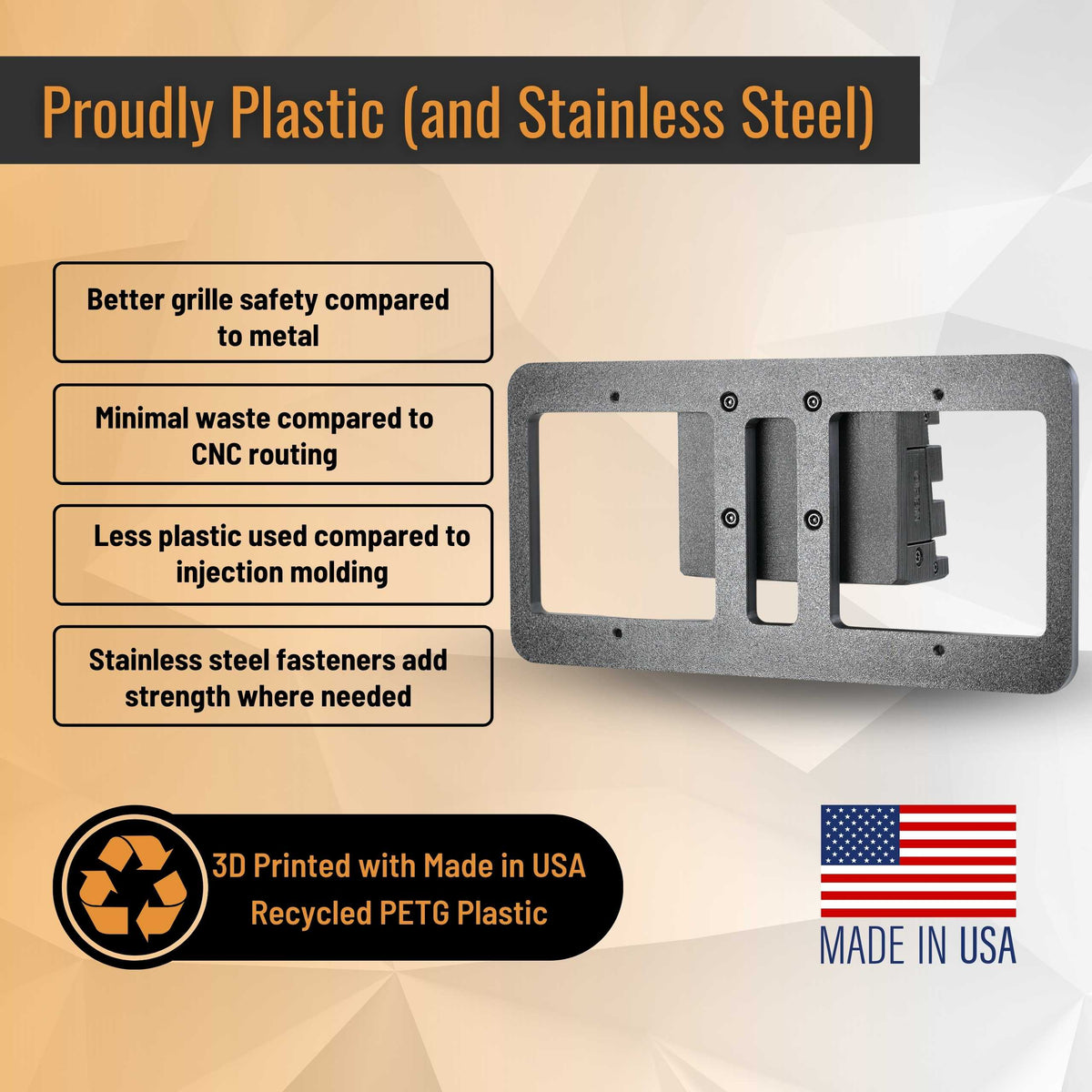 SnapPlate Plus front license plate holder for the 2027-2023 Cybertruck showing the benefits of 3D printing vs injection molding, CNC manufacturing, and metal