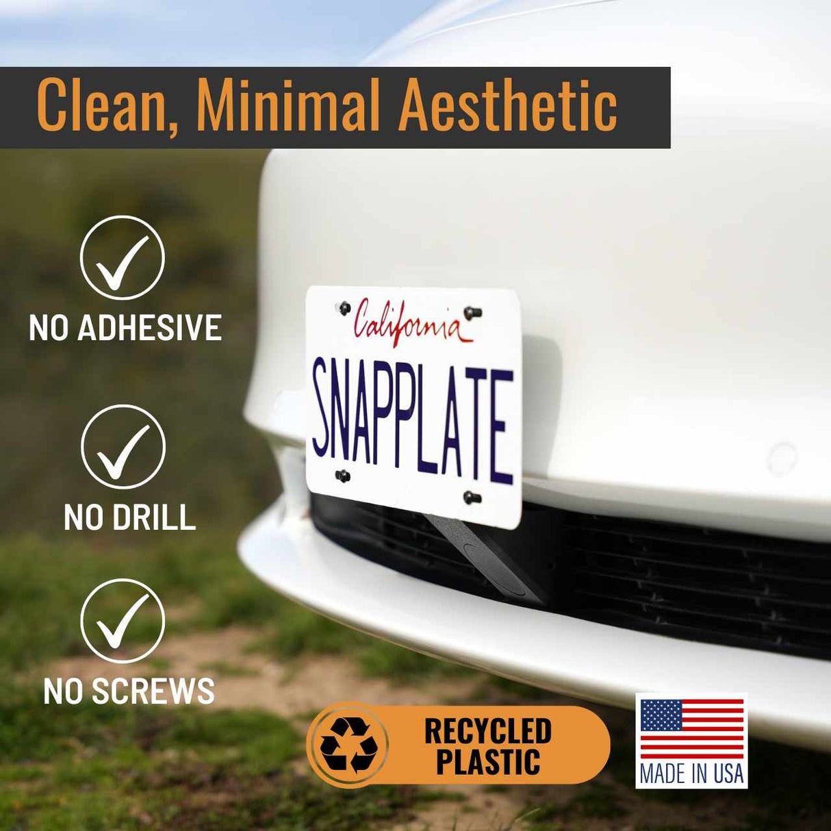 SnapPlate plus front license plate holders for the 2017 to 2023 Tesla Model 3 have a clean, minimal aesthetic