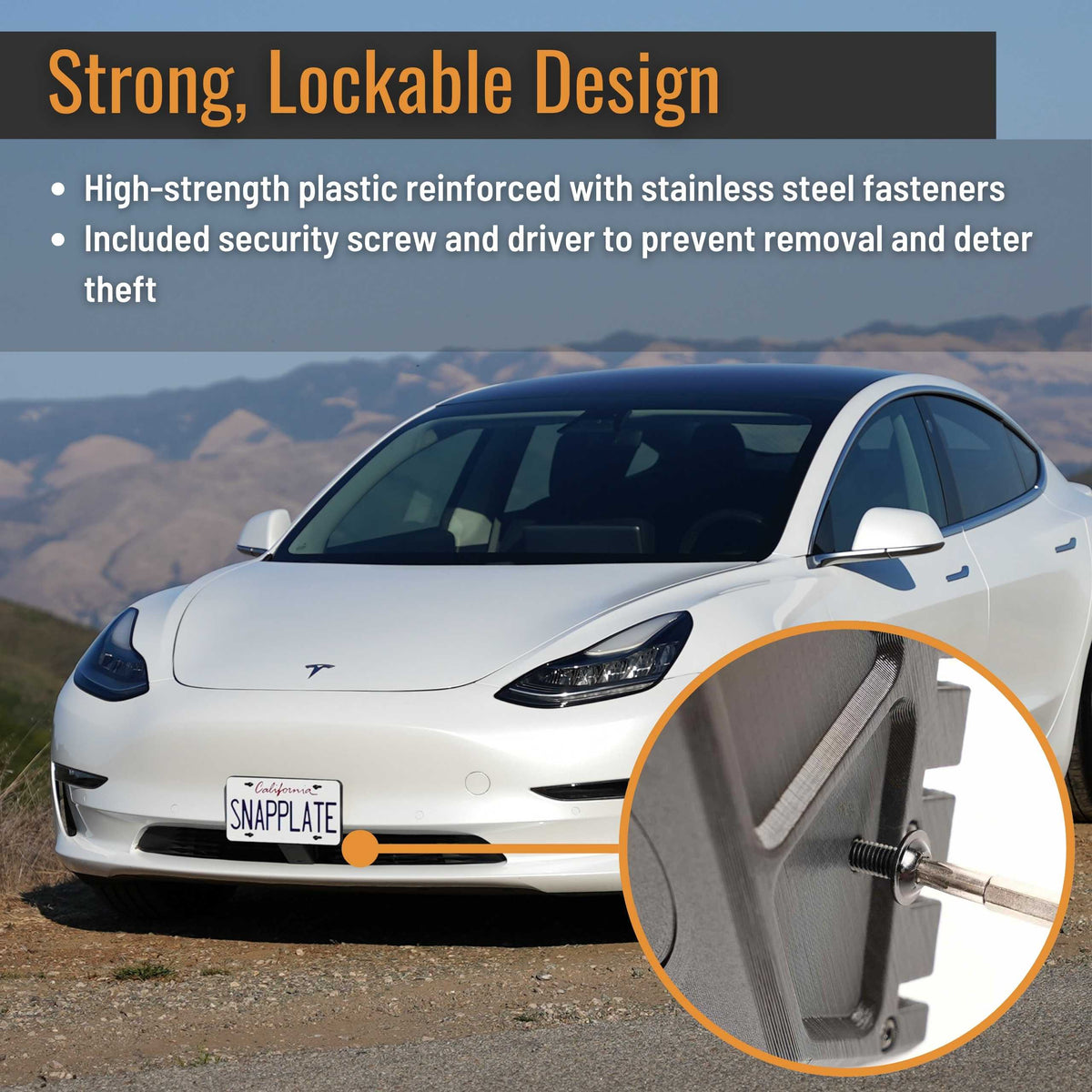 SnapPlate plus front license plate holders for the 2023 to 2017 Tesla Model 3 have a strength optimized design with stainless steel reinforcement