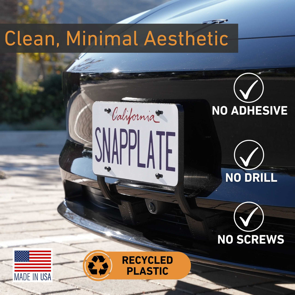 Front view of a Tesla Model 3 with EveryAmp’s SnapPlate Front License Plate Holder—no adhesive, no drilling, no screws; made in the USA from recycled, 3D-printed PETG.