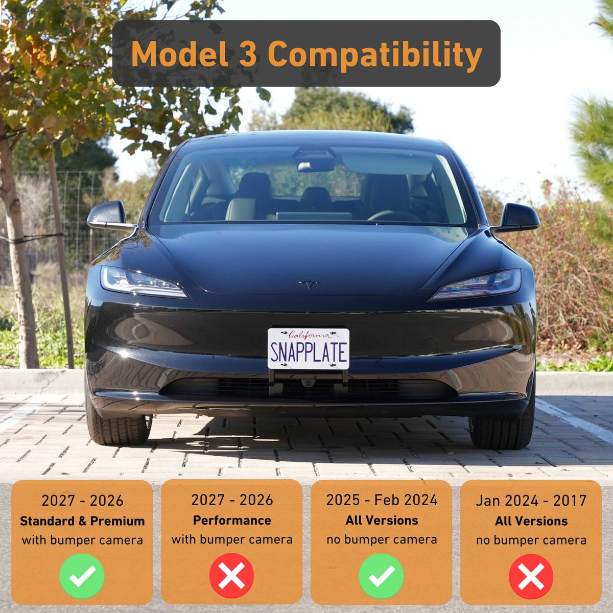 A Tesla Model 3 fitted with an EveryAmp SnapPlate Front License Plate Holder is parked. The chart below details bumper camera compatibility by model year, from 2027 to 2017.